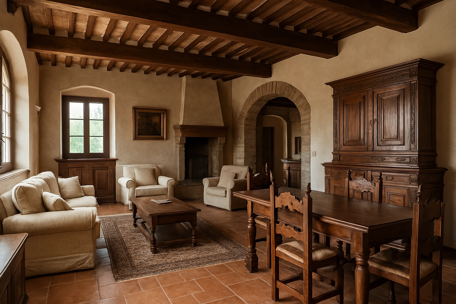 Soggiorno in stile toscano con mobili artigianali in legno e travi a vista. 