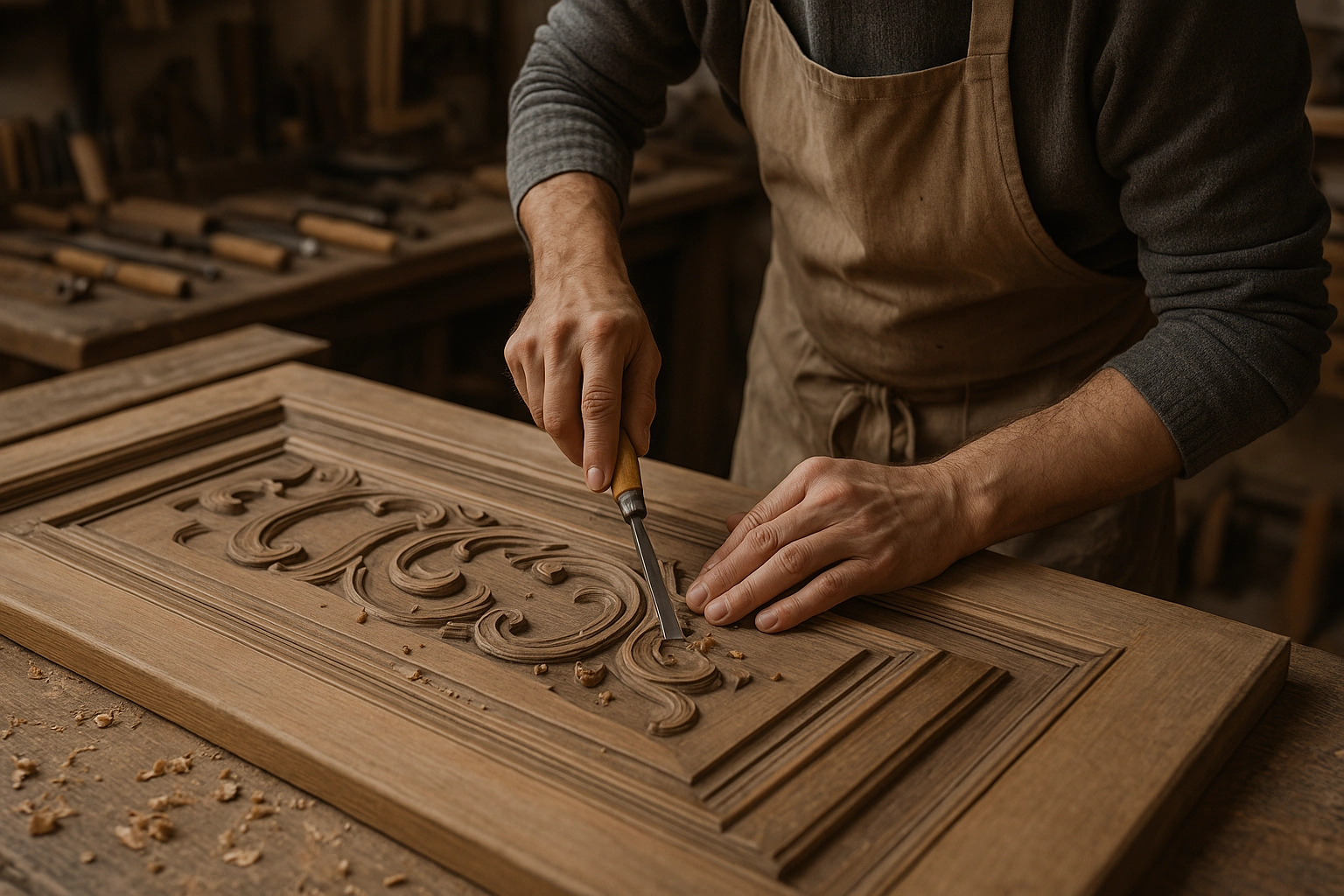Artigiano che lavora a mano un pannello in legno per interni di casa storica. 