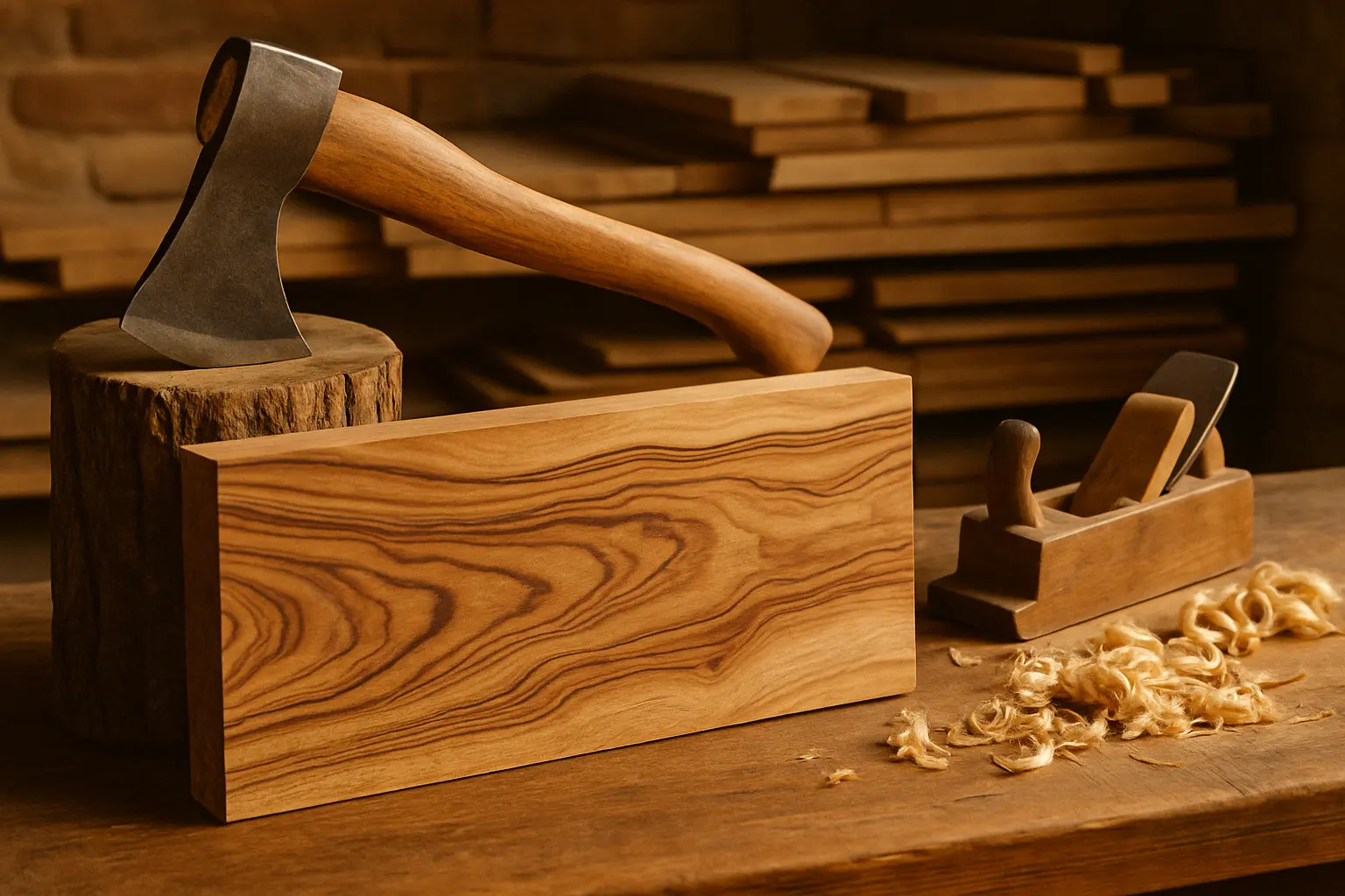 Scena di falegnameria toscana con ascia, pialla e tavola in legno d’olivo su banco da lavoro artigianale.
