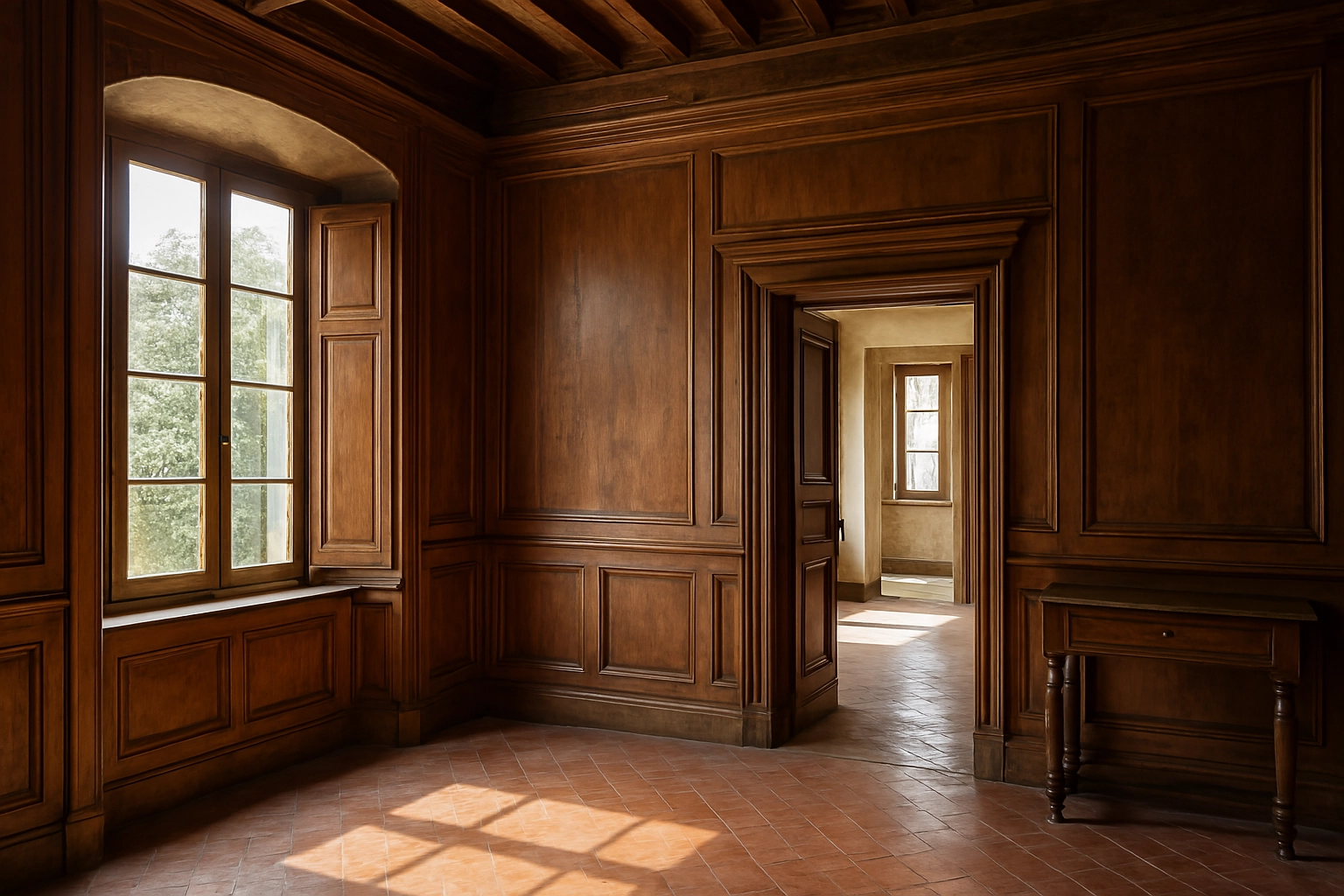 Interno di una casa storica con dettagli in legno artigianale valorizzati dalla luce naturale.