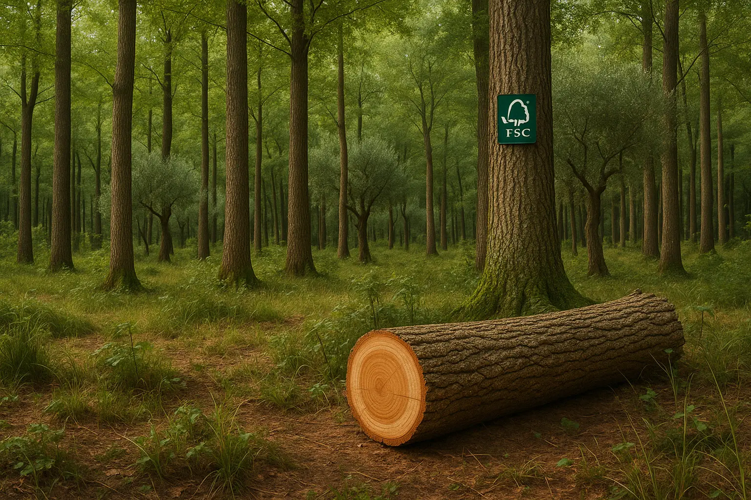 Foresta toscana con tronco tagliato e albero certificato FSC per la gestione sostenibile del legno. 