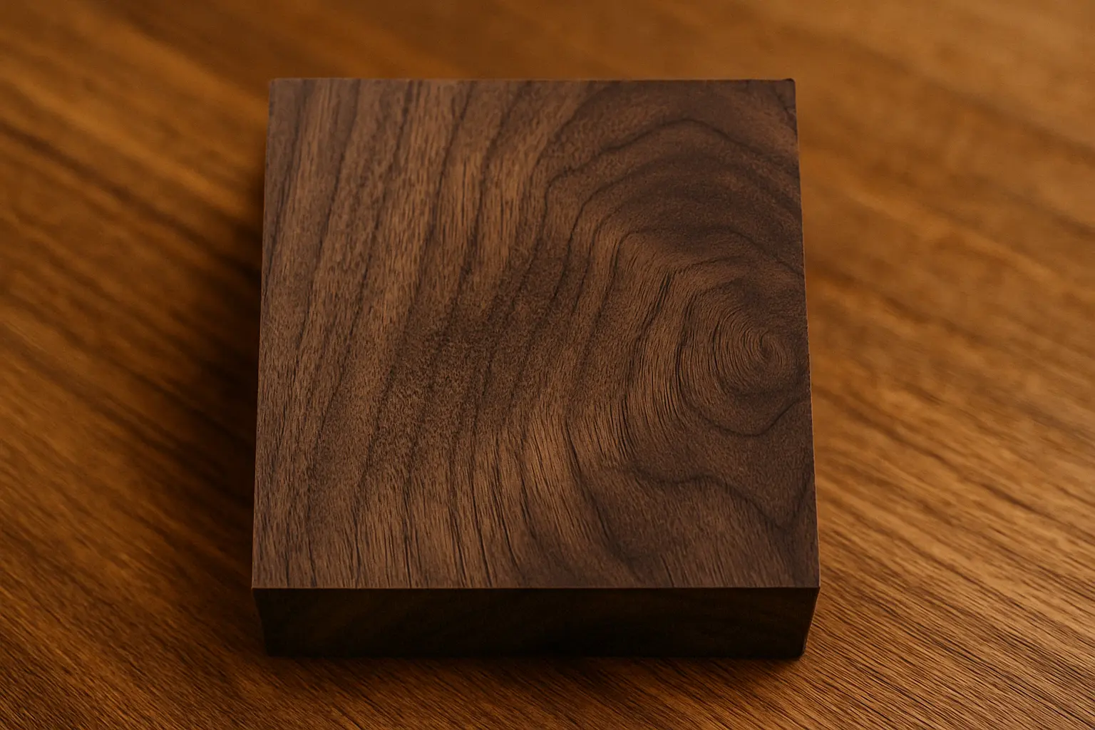 Dettaglio ravvicinato di una tavola in legno di noce toscano con venature scure ed eleganti. 