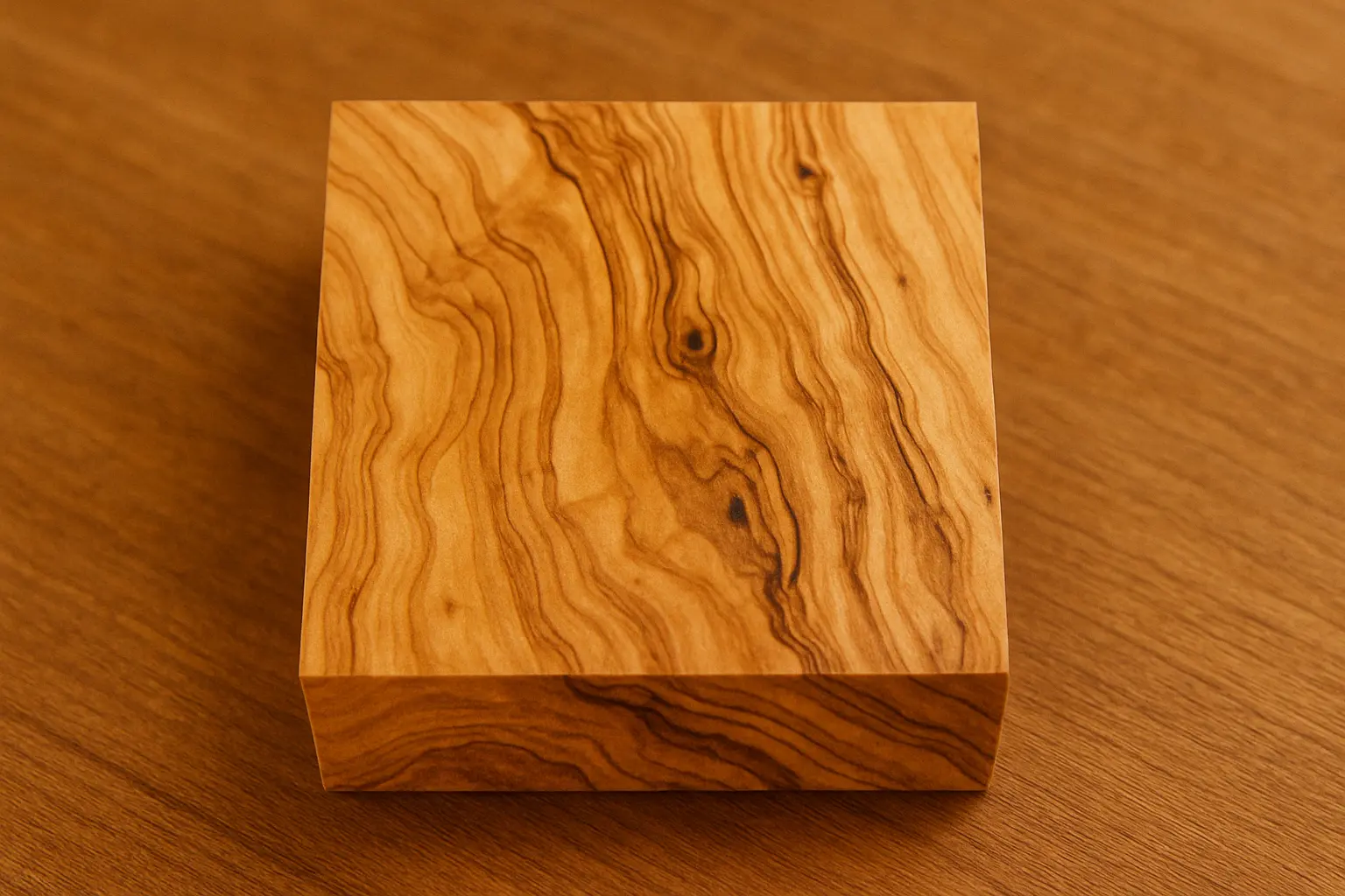 Tavola in legno di olivo toscano con venature irregolari e colori caldi dorati e scuri. 