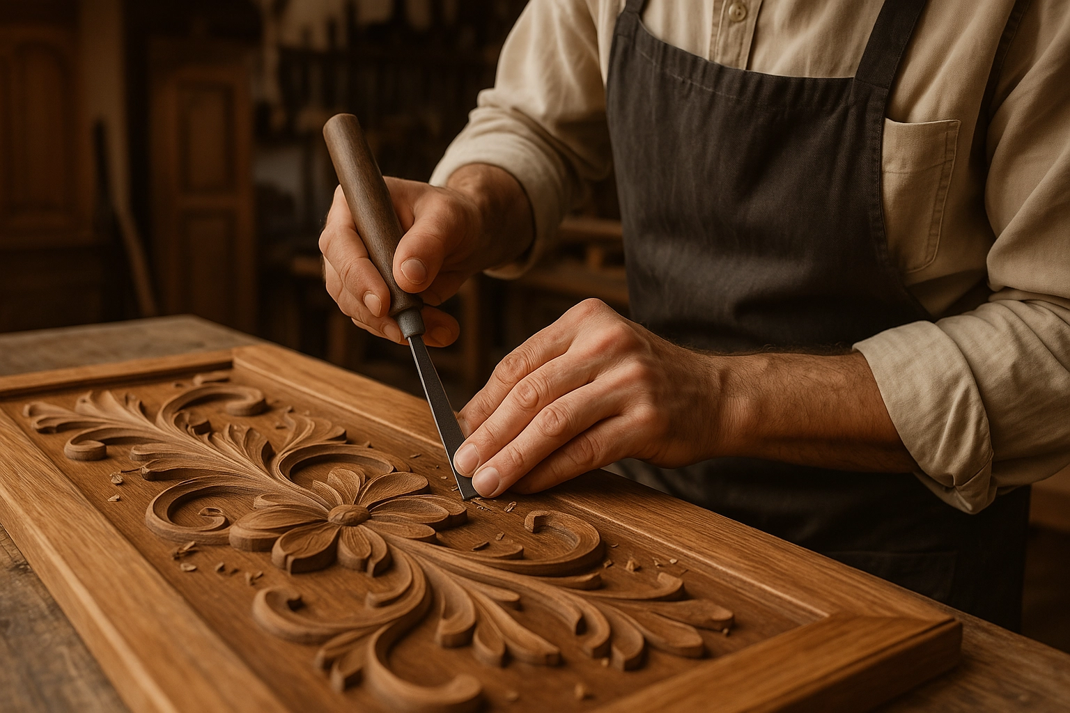 Intaglio artigianale su pannello in legno per arredo su misura in casa storica. 