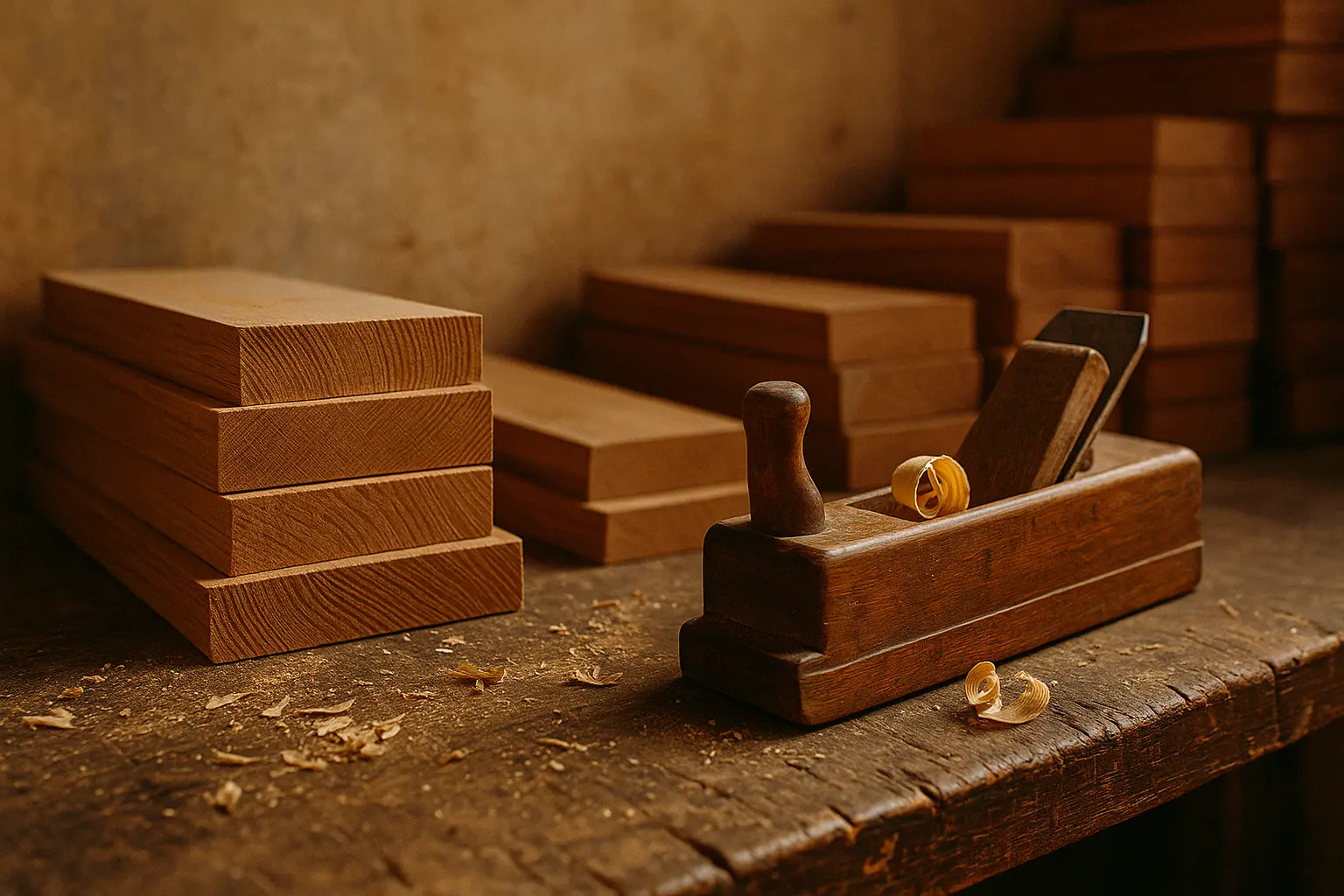 Pialla in legno su banco da falegname con trucioli e tavole stagionate in una bottega toscana artigianale. 