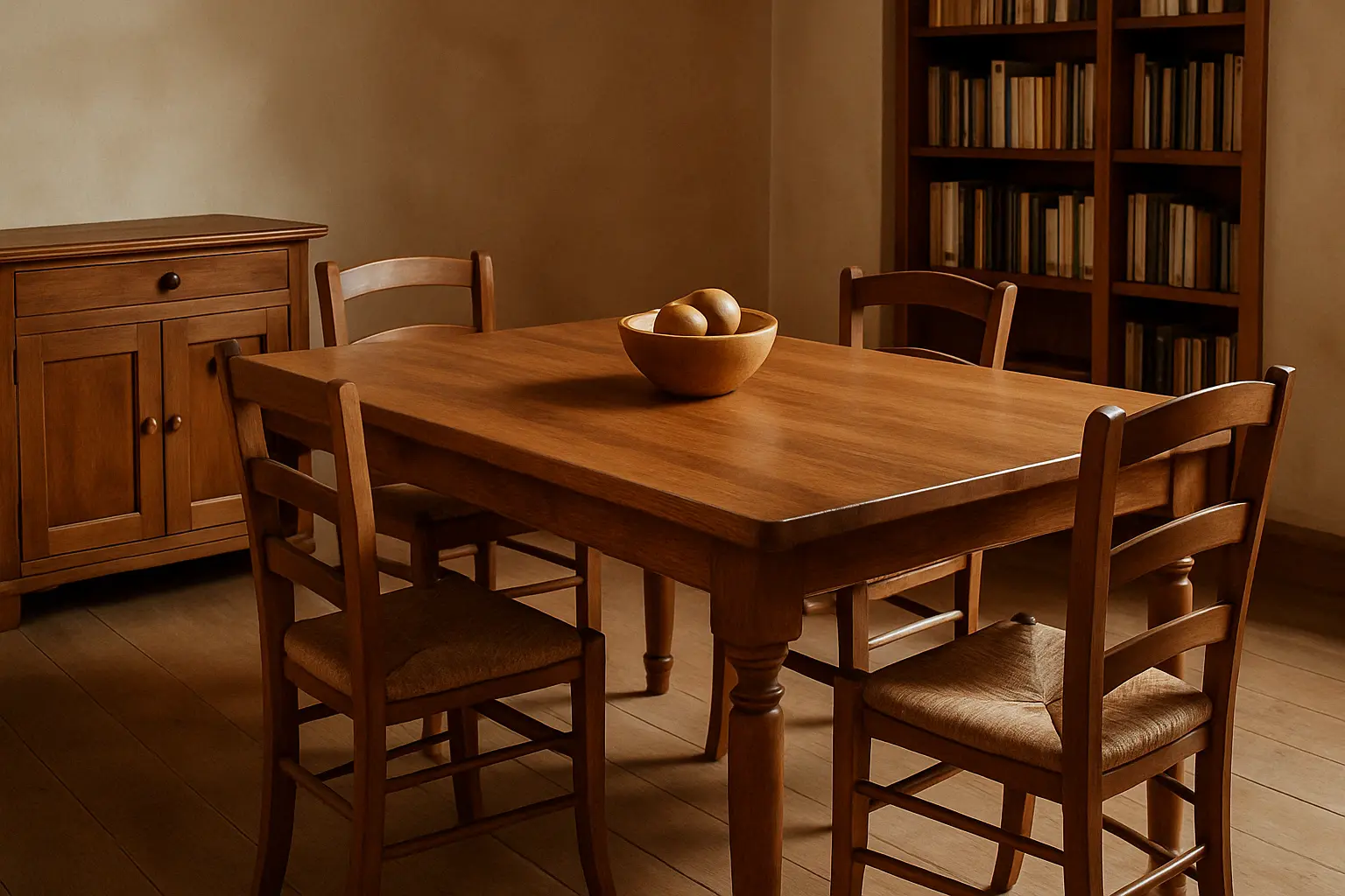 Sala da pranzo con tavolo in legno toscano e sedie artigianali in stile tradizionale. 