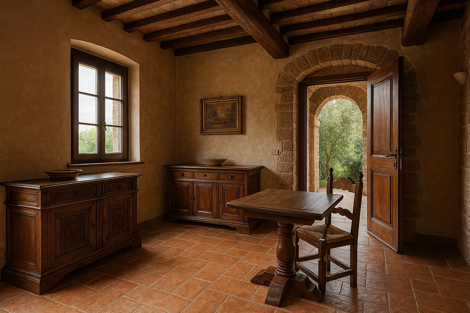 Interno rustico di casa storica con mobili in legno e luce naturale. 