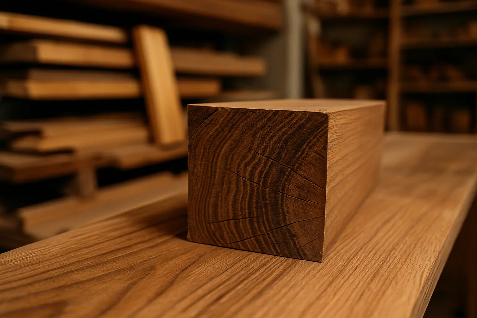 Dettaglio ravvicinato di una tavola in legno toscano con venature marcate e taglio preciso in falegnameria. 